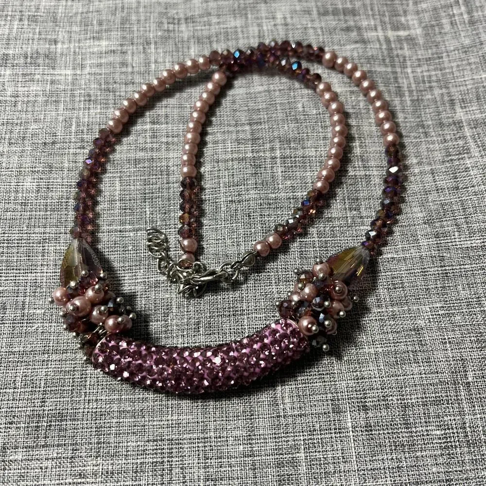 Glass beads, pearls, pink rhinestones Statement Necklace Pink Faceted Glass